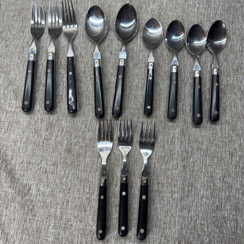 WF Mardi Gras Stainless‎ Flatware Set 12pc Black Riveted Handle Forks Spoons